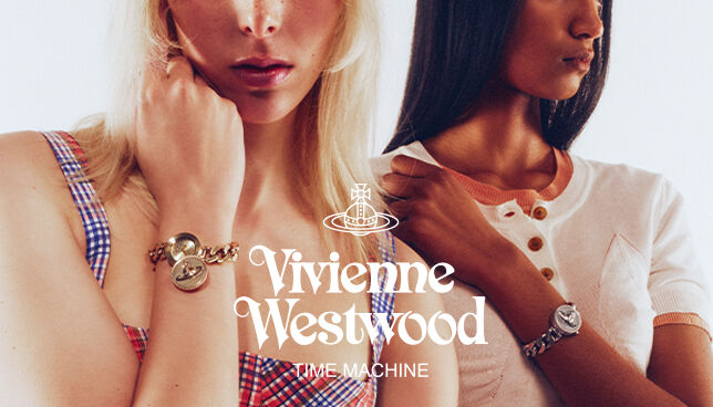 Vivienne Westwood Time Machine campaign featuring two models wearing statement watches, showcasing the brand’s bold, fashion-forward watch collection.
